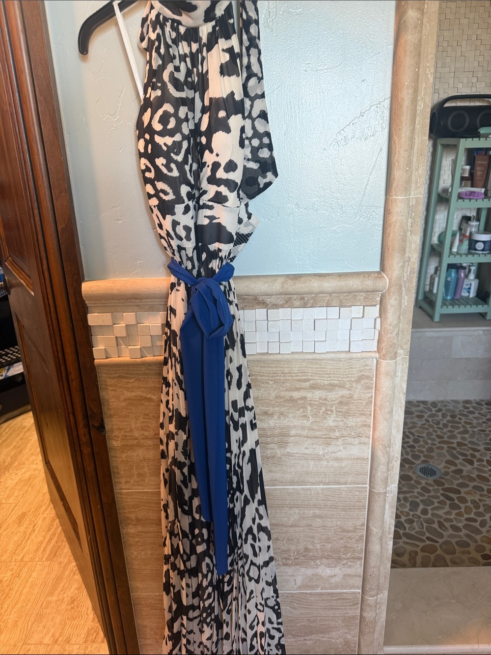 Eliza J Black & White Animal Print Maxi with Blue Sash